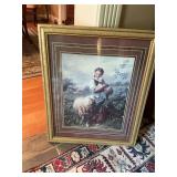 25 1/2” x 31 1/2” gold framed picture of girl with sheep