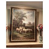 44“ x 56“ Oil painting on canvas of grazing sheep in a gold and brown frame.