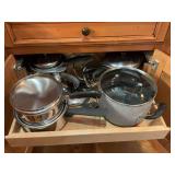 Contents of top drawer full of pots and pans.