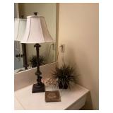 Group of items in upstairs bath. The lamp with the monkey is 31 inches tall.