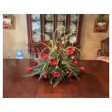 Centerpiece with red poppies in 27 inch metal tray. Arrangement spans approximately 30” x 28”.