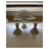 Vintage Westmoreland milk glass, Doris Lace footed banana boat fruit bowl with two candlesticks. The fruit bowl had an arrangement in it and needs clay removed.