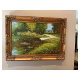 44” x 31” Scenic pond oil on canvas painting in beautiful gold ornate frame