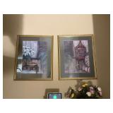 Set of two green matted with gold framed pictures 26 1/2” x 32”