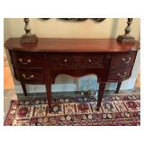 Beautiful vintage burl wood sideboard with hand carved drawer. 52“ x 18“ x 35“.