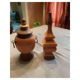 Dark yellow gold clay urn with metal handles 13 1/2 inches and a 14 inch pedestal