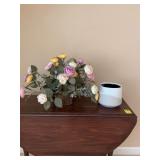 Floor arrangement in a gold tin and a ceramic 7” x 6” flower pot