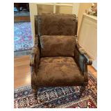 Antique French Regency style gold leaf armchair. Beautifully covered in brown animal print upholstery. 28"x32“x40“ seat height is 20 inches.