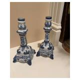 Two blue and white porcelain 7 1/2 inch candlesticks. China
