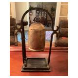 Asian Art-Chinese style metal Temple gong bell with wrought iron stand and wooden mallet  10” x 14 1/2”