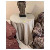 30 inch round three legged table with table skirt and glass top included