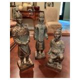 Set of three resin Qui Shi Huang warrior soldiers. 10 1/2 inches to 13 1/2 inches.