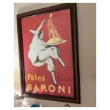 29” x 40” framed antique Lithograph. Leonetto Cappiello -1921 Pates Baroni Italian Chef advertisement.