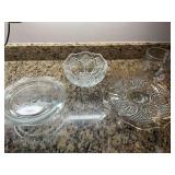 Two footed cake stands a 6 inch Crystal bite and 8 1/2 inch glass bowl.  The squared cake plate is vintage Indiana glass Madrid pattern.