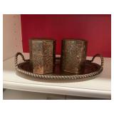 Three piece brass set made in India. 10 inch oval tray and 2-4 inch lidded boxes
