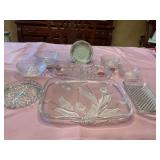 Two Mikasa floral serving trays +6 glass pieces and a pink rose saucer