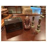 8 1/2 inch resin kneeling Chinese statue plus a 9 x 6 1/2” wooden box and a pair of 7 inch ornate brass candle holders