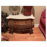 34“ x 19“ x 29“ Bombay style marble top chest with 2 drawers and iron legs