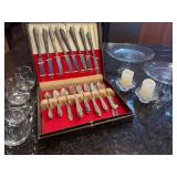 W M Rogers SP Flatware, Cake Stands, Malaysian Candleholders and Glasses