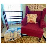 Burgundy Wingback Chair w/Throw Pillows and Wooden Blanket Rack w/Quilts