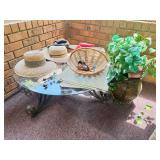 Glass and Iron Table w/Sun Hats, Faux Plant and Decor