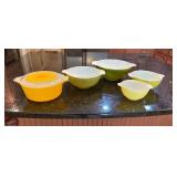 Seven PYREX Pieces including Cinderella Nesting Bowls in “Verde”