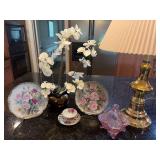 Gold Toned 29” Lamp, Gilded China, Vintage Pink Candy Dish and Faux Orchid