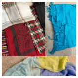 Diverse collection of fashion scarves and shawls w/mix of plaid, paisley and vibrant solid or gradient colors with fringe trim