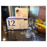 Champagne Flutes, Goblets and Shot Glasses, Parfait Dishes and Veggie Arrangement