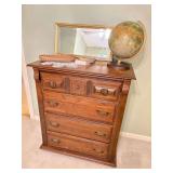 42” Tall Wooden Chest w/Geometric Carving and Brass Hardware with Vintage Globe and Decor