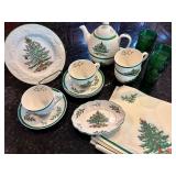 Spode “Christmas Tree” Tea Set, Napkins and Anchor Hocking