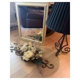 Iron-Style Lamp, Floral Arrangement on Metal Wall Decor and Gold Framed Mirror
