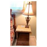 Traditionally wooden open shelf and drawer nightstand w/brass hardware and decor