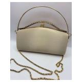 Elegant Champagne-Colored Satin Evening Clutch w/Gold Tone Chain at 8.5”