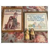 Framed Cross Stitch, Porcelain Figurines and 1921 Framed “The Saturday Evening Post, titled "St. Bernard for Sale" by illustrator Angus MacDonall