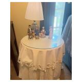 Small Side Table w/Vintage Gold Tone Glass Lamp and Porcelain Figurines