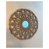 Distressed Carved Wood Medallion Wall Mirror w/ Ornate Floral Accents