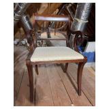 Vintage Duncan Phyfe-style mahogany armchair features a classic X-back design and scrolled arms with rosette details - 21 x 17-1/2 x 19 tall to seat (34 tall overall)