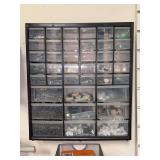 Assorted hardware plastic storage cabinet - will need to bring Phillips head screwdriver to remove from wall - 14-1/4 x 6 x 16 tall