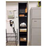 Narrow black bookshelf and contents of office supplies - MUST TAKE ALL - 13-1/4 x 12 x 72 tall - neither cigar box contains cigars