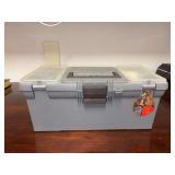 Gray hard plastic tool box and miscellaneous contents