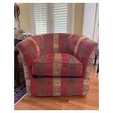 Very nice C.R. Laine Furniture postmodern swivel barrel chair featuring a bold geometric jacquard pattern - 35 x 23-1/2 x 19-1/2 tall to seat (31 tall overall)