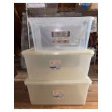 Grouping of (3) heavy duty clear totes - bottom 2 are 17 gallon and top is 45 quarts