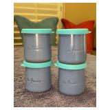 Set of (4) baby blue La Fermière ceramic yogurt pots feature a charming embossed sun design and turquoise lids - 1 is marked and was used for spices - 3-1/4” tall