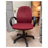 Burgundy fabric office chair featuring a high backrest, curved black loop armrests, and a five-star style wheeled base