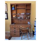 Vintage Ethan Allen solid maple student desk and hutch set features a classic nutmeg finish and brass hardware, paired with a matching spindle-back captain