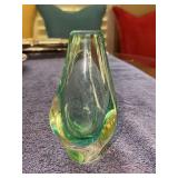 Vintage mid-century Czech art glass featuring organic biomorphic shaping with green and clear glass tones - 5-1/4” tall