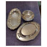 (3) silverplate serving pieces - scalloped edge compote - lidded vegetable server and an oval decorative edge tray