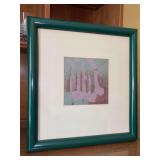 Signed (Beverly Plummer) “Where The Forest Begins” abstract print featuring a soft pink and green color palette set inside a glossy green wooden frame - 15-1/2 x 16-1/2