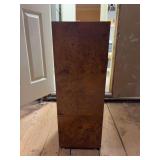 Vintage MCM burl wood veneer display pedestal - 11” square x 30-3/4” tall - has small area of tape residue on top